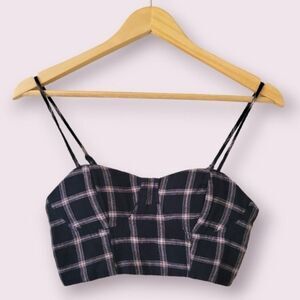 AMERICAN EAGLE Bustier Crop Top Size XS Smocked Plaid Preppy Straps Bra Pink